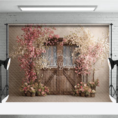 Lofaris Spring Floral Wedding Backdrop Rustic Barn Door with Cherry Blossoms Pink Flower Tree Bridal Shower Photo Props
