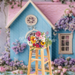 Lofaris Spring Floral Wooden Blue Pink House Photo Backdrop