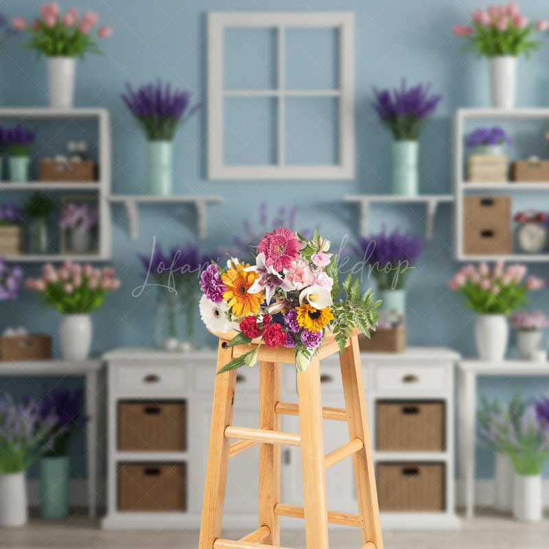 Lofaris Spring Flower Shop Wall Backdrop White Shelves with Tulips and Lavender Modern Floral Studio Photography Prop
