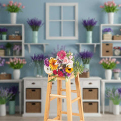 Lofaris Spring Flower Shop Wall Backdrop White Shelves with Tulips and Lavender Modern Floral Studio Photography Prop