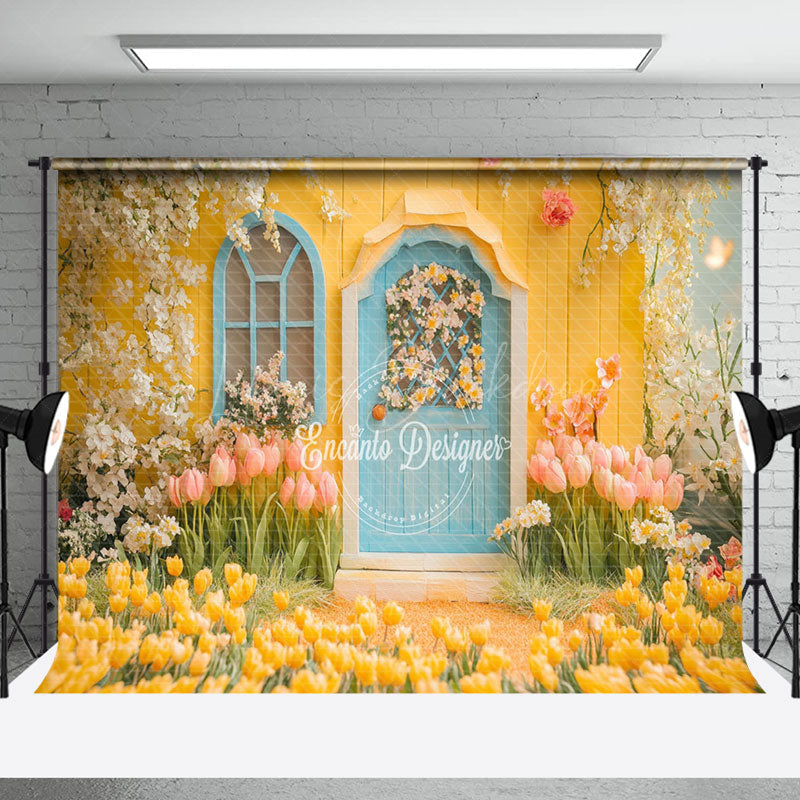 Lofaris Spring Garden Cabin Natural Yellow Tulip Backdrop