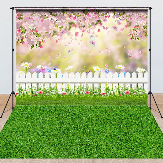 Lofaris Spring Garden Combo Set Backdrop Pink Flower Fence Grass Photography Prop Easter Butterfly Nature Photo Background