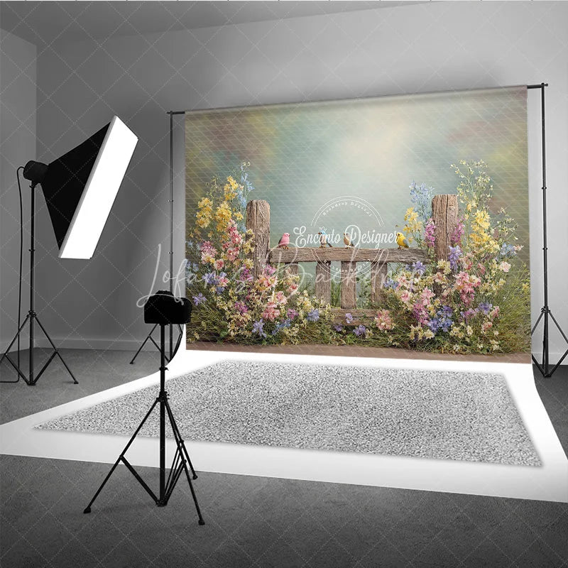 Lofaris Spring Garden Fence Backdrop Wildflower with Birds Photo Prop Rustic Wooden for Party Background