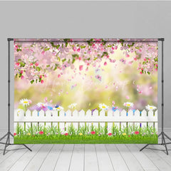 Lofaris Spring Garden Photography Backdrop Pink Blossom White Fence Background Butterfly Grass Photo Prop