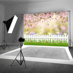 Lofaris Spring Garden Photography Backdrop Pink Blossom White Fence Background Butterfly Grass Photo Prop