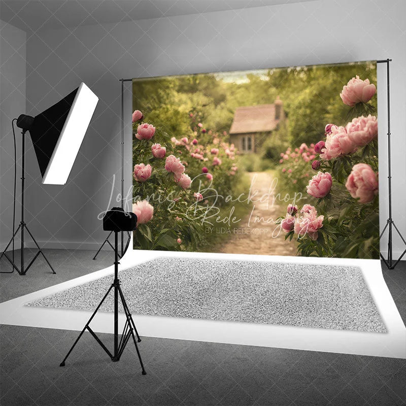 Lofaris Spring Garden Pink Peony Path Backdrop Romantic Floral Cottage Photography Background for Wedding