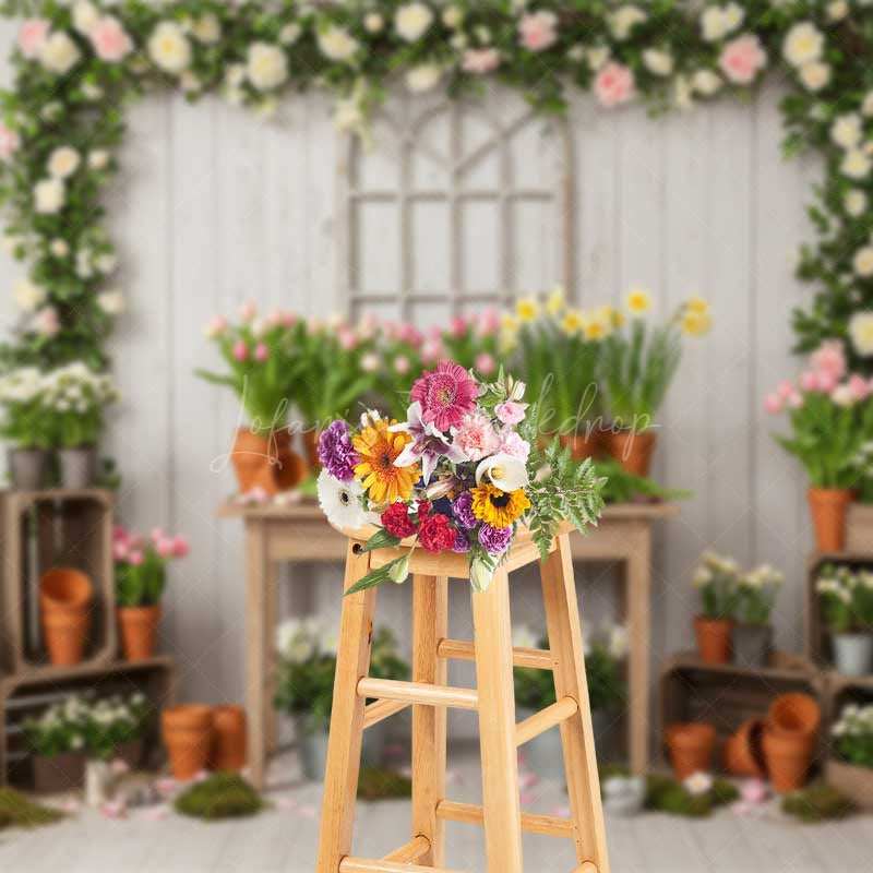Lofaris Spring Garden Potting Bench Photography Backdrop Rustic Table with Tulips Daffodils and Flowers Market Photo Prop