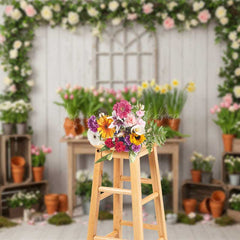 Lofaris Spring Garden Potting Bench Photography Backdrop Rustic Table with Tulips Daffodils and Flowers Market Photo Prop