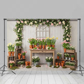Lofaris Spring Garden Potting Bench Photography Backdrop Rustic Table with Tulips Daffodils and Flowers Market Photo Prop