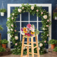 Lofaris Spring Garden Window Backdrop White Frame with Rose and Greenery Wreath Elegant Studio Photography Photo Prop