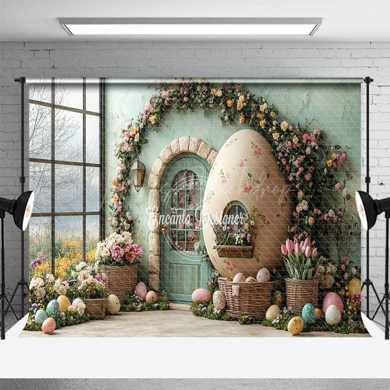 Lofaris Spring Green House Floral Eggs Easter Photo Backdrop