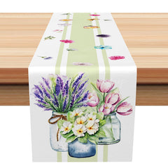 Lofaris Spring Green Stripe Table Runner with a Floral Vase Design Fresh Botanical Decor Modern Farmhouse Kitchen