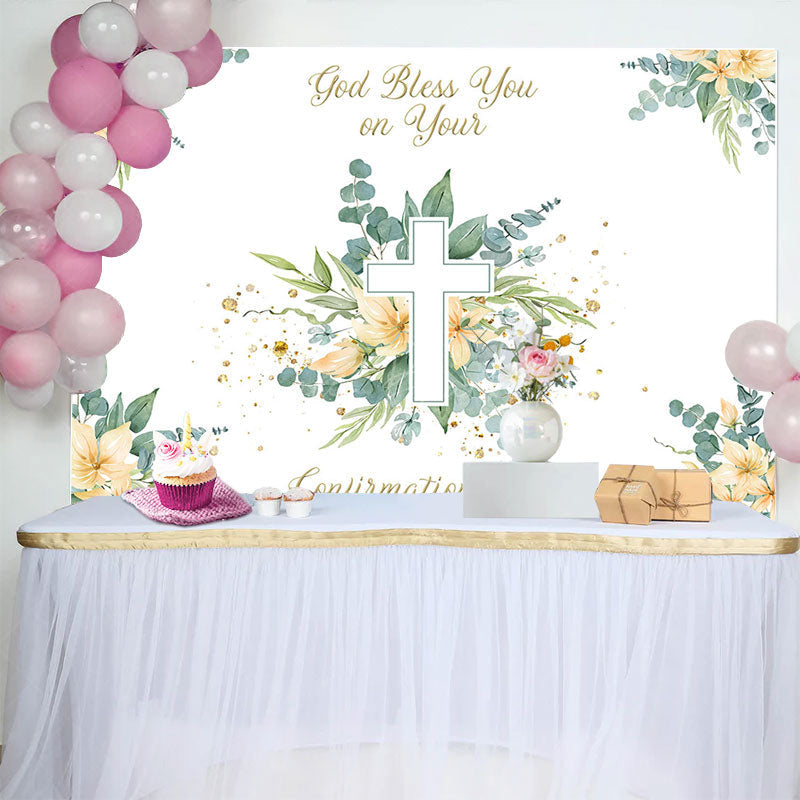 Lofaris Spring Greenery Floral Cross Confirmation Day Backdrop