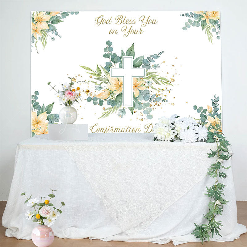 Lofaris Spring Greenery Floral Cross Confirmation Day Backdrop