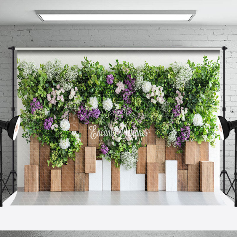 Lofaris Spring Greenery Floral Wooden Wall Photo Backdrop