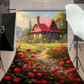 Lofaris Spring Greenery Red Rose Cabin Garden Sweep Backdrop