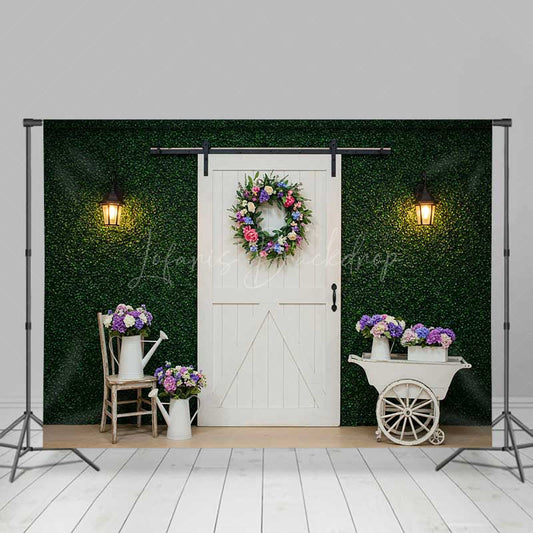 Lofaris Spring Greenery Wall Backdrop White Farmhouse Barn Door with Wreath Rustic Garden Themed Photography Prop