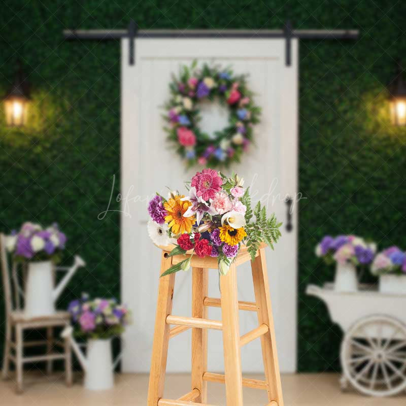 Lofaris Spring Greenery Wall Backdrop White Farmhouse Barn Door with Wreath Rustic Garden Themed Photography Prop