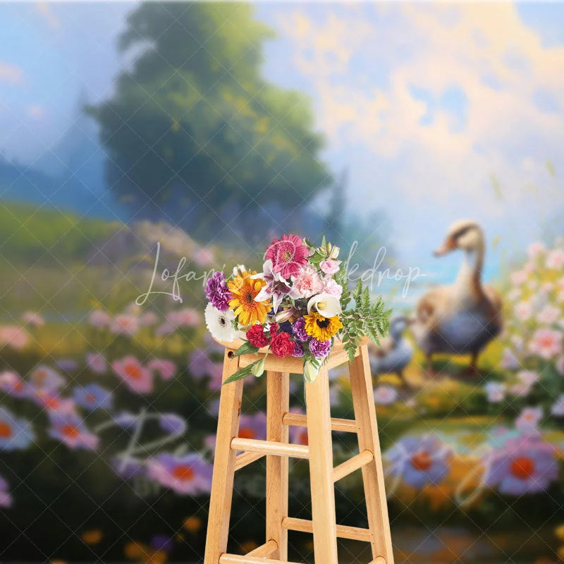 Lofaris Spring Lake Photography Backdrop Cute Swans and Pink Daisy Flowers Grassy Bank Background for Kids Portraits