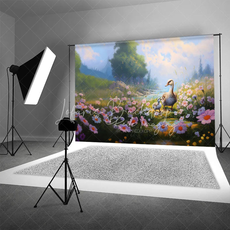 Lofaris Spring Lake Photography Backdrop Cute Swans and Pink Daisy Flowers Grassy Bank Background for Kids Portraits