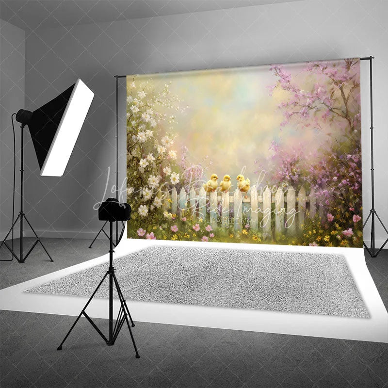Lofaris Spring Photography Backdrop Cute Yellow Chicks on White Picket Fence Pink Floral Blossoms Kids Portrait Background
