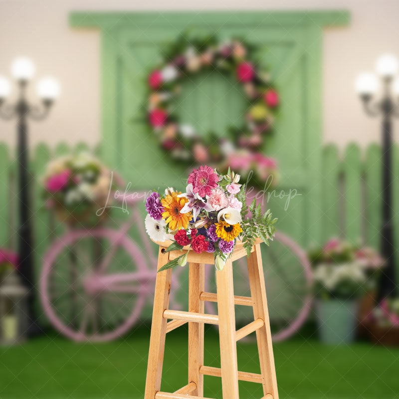 Lofaris Spring Pink Bike Wooden Green Door Photo Backdrop