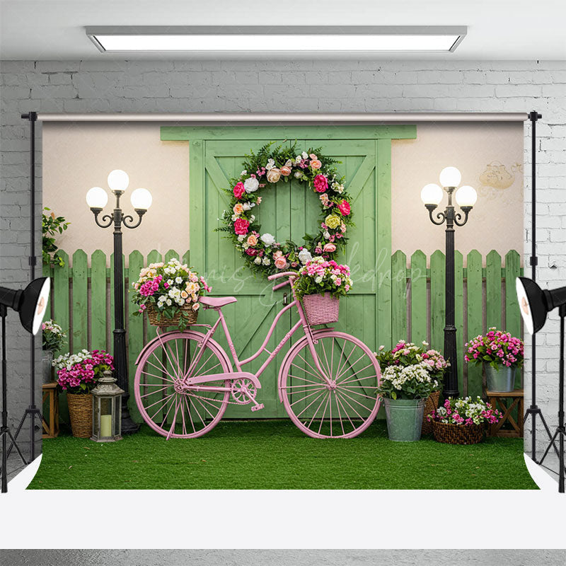 Lofaris Spring Pink Bike Wooden Green Door Photo Backdrop