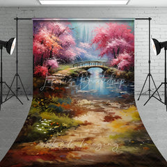 Lofaris Spring Pink Blossom Bridge Fine Art Backdrop Painted River Landscape Sweep Portrait Studio Background