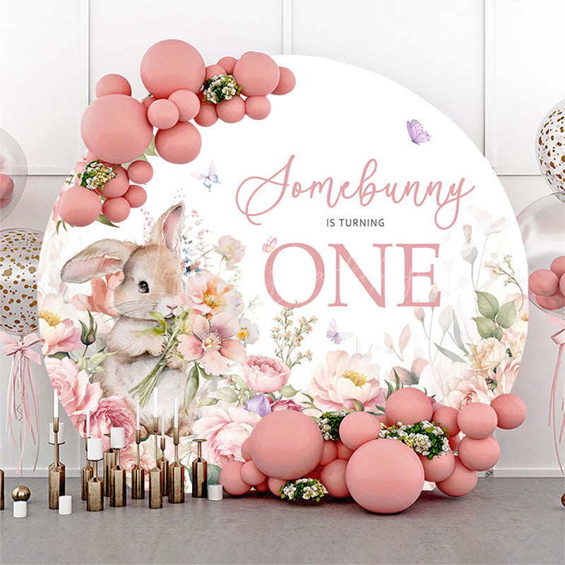 Lofaris Spring Pink Floral Somebunny Is One Round Backdrop