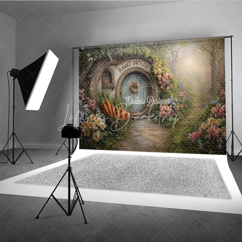 Lofaris Spring Rabbit House Easter Photography Backdrop Garden Flowers and Carrot Basket Studio Background