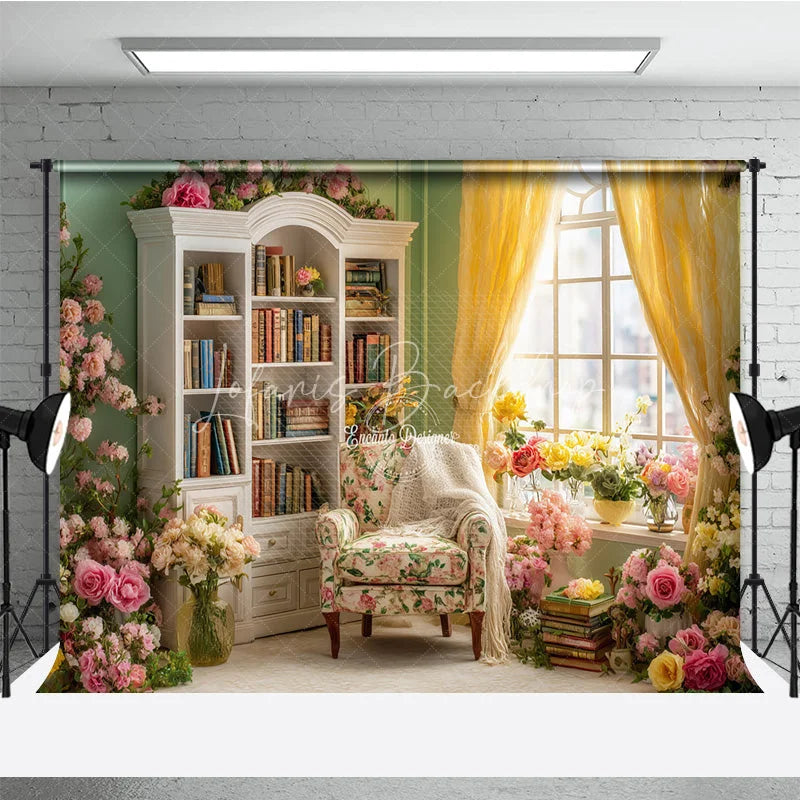 Lofaris Spring Reading Nook Photo Studio Backdrop Vintage Library with Pink and Yellow Roses Romantic Floral Background