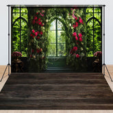 Lofaris Spring Red Floral Greenery Window Combo Set Backdrop
