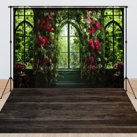 Lofaris Spring Red Floral Greenery Window Combo Set Backdrop