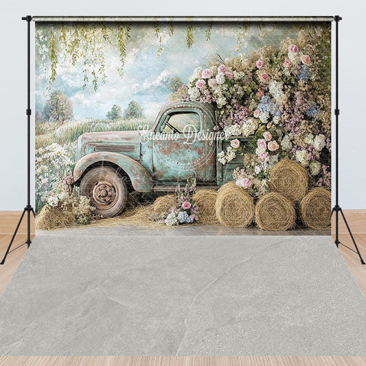 Lofaris Spring Retro Truck Floral Hay Combo Set Backdrop