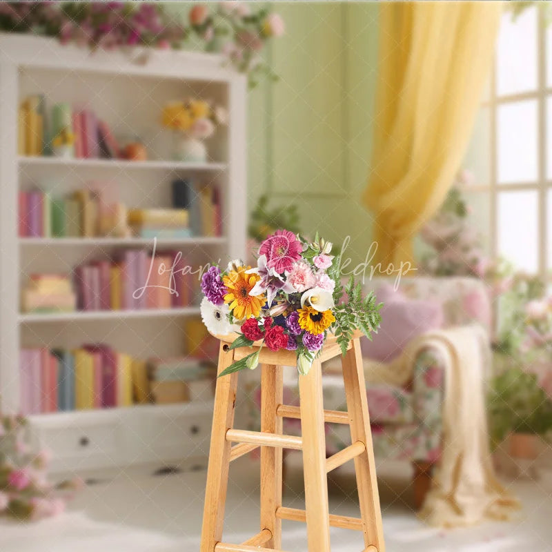 Lofaris Spring Room Interior Backdrop Floral Armchair Bookcase Background Sage Green Wall Photography Studio Props