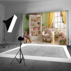Lofaris Spring Room Interior Backdrop Floral Armchair Bookcase Background Sage Green Wall Photography Studio Props