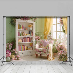 Lofaris Spring Room Interior Backdrop Floral Armchair Bookcase Background Sage Green Wall Photography Studio Props