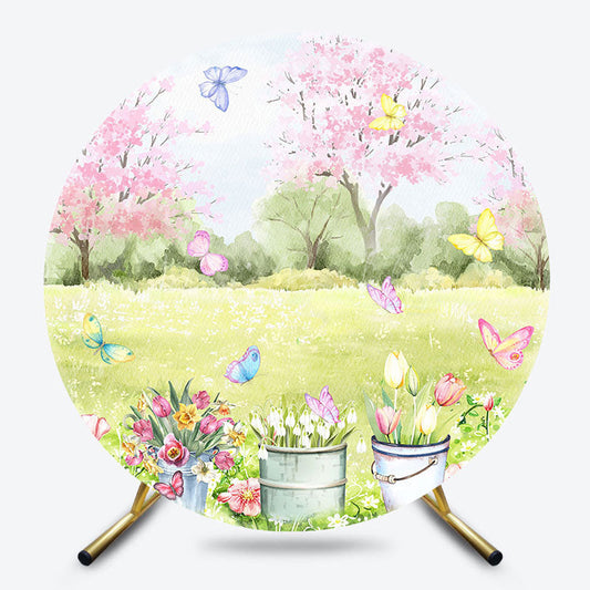 Lofaris Spring Scenery Trees Floral Butterfly Round Backdrop