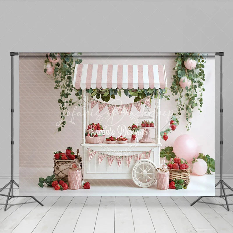 Lofaris Spring Strawberry Stand Photography Backdrop Pink Striped Cart Summer Fruit Mini Session Photo Background