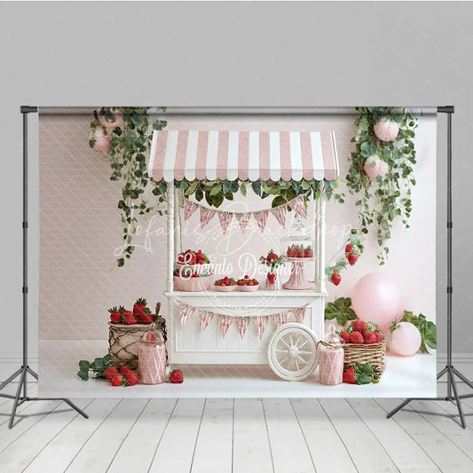 Lofaris Spring Strawberry Stand Photography Backdrop Pink Striped Cart Summer Fruit Mini Session Photo Background