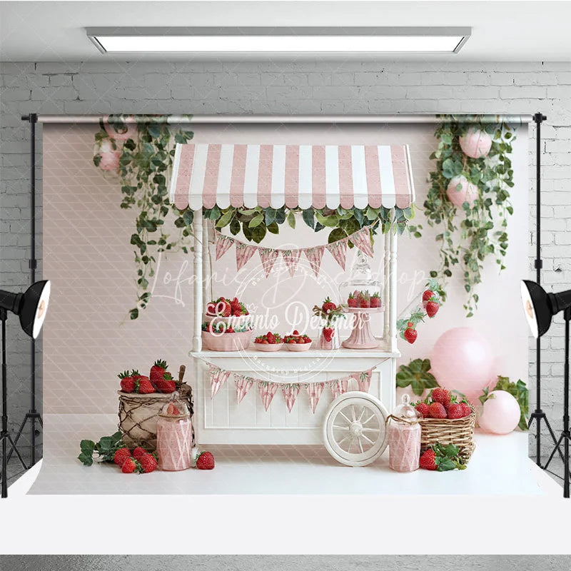 Lofaris Spring Strawberry Stand Photography Backdrop Pink Striped Cart Summer Fruit Mini Session Photo Background