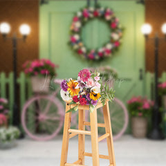 Lofaris Spring Street Lamp Wooden Green Door Photo Backdrop