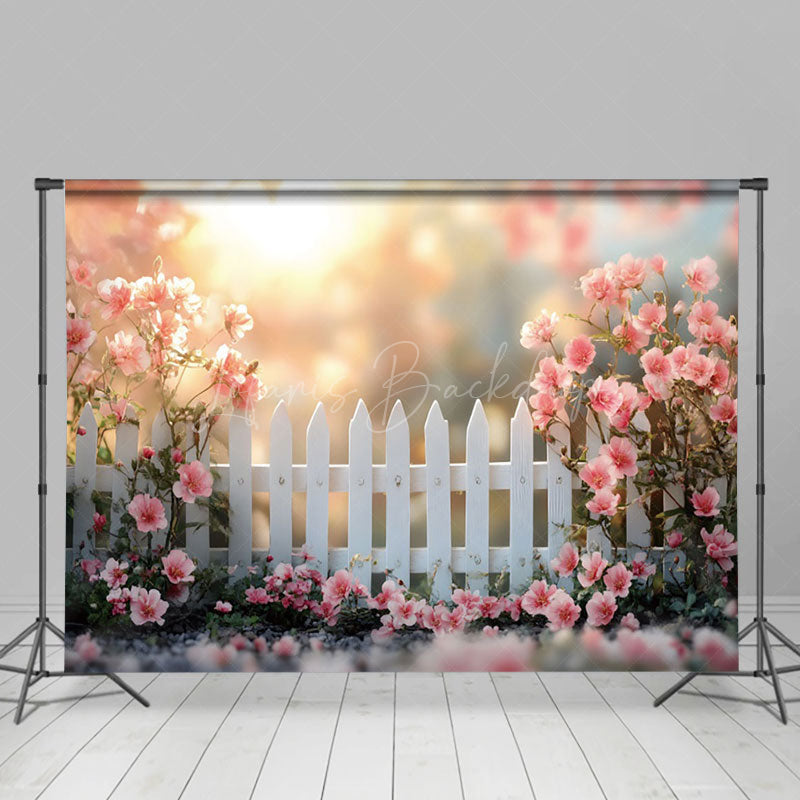 Lofaris Spring Sunrise Garden White Fence Photo Backdrop