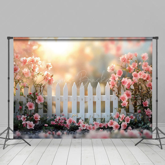 Lofaris Spring Sunrise Garden White Fence Photo Backdrop