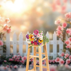 Lofaris Spring Sunrise Garden White Fence Photo Backdrop