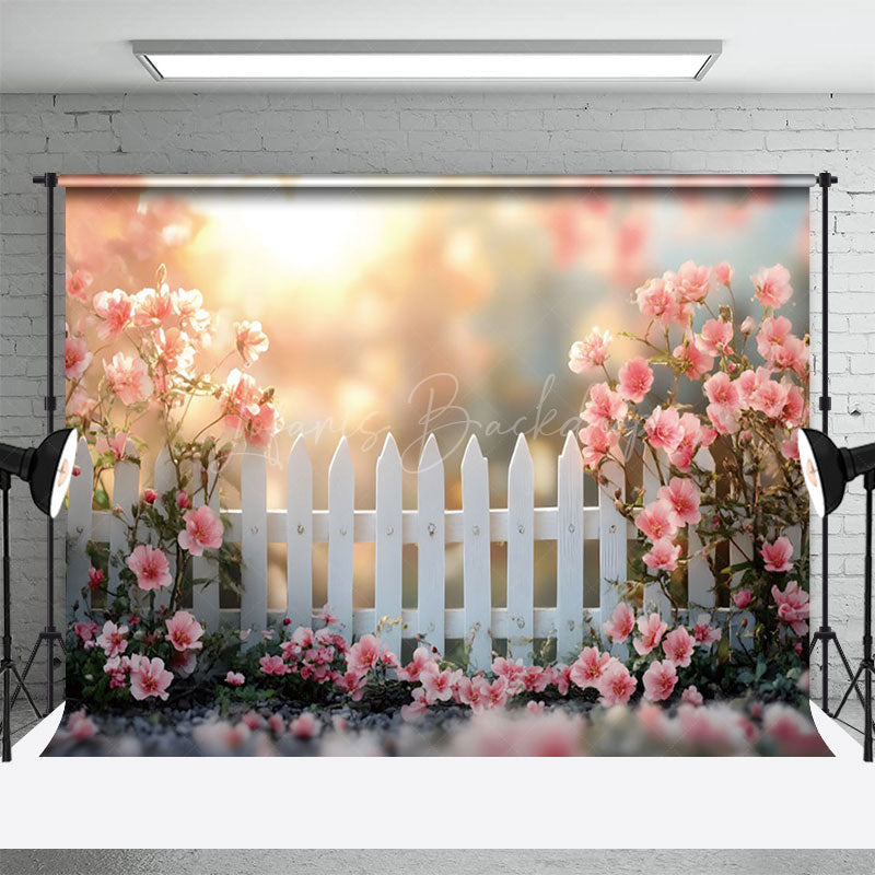 Lofaris Spring Sunrise Garden White Fence Photo Backdrop