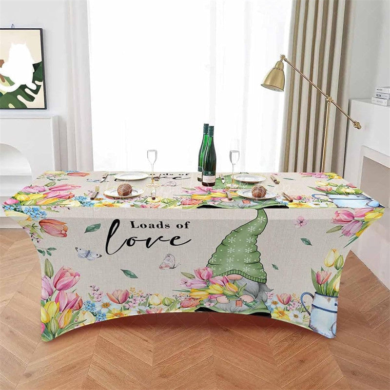 Lofaris Spring Tulip Flower with Gnome Stretch Table Cover
