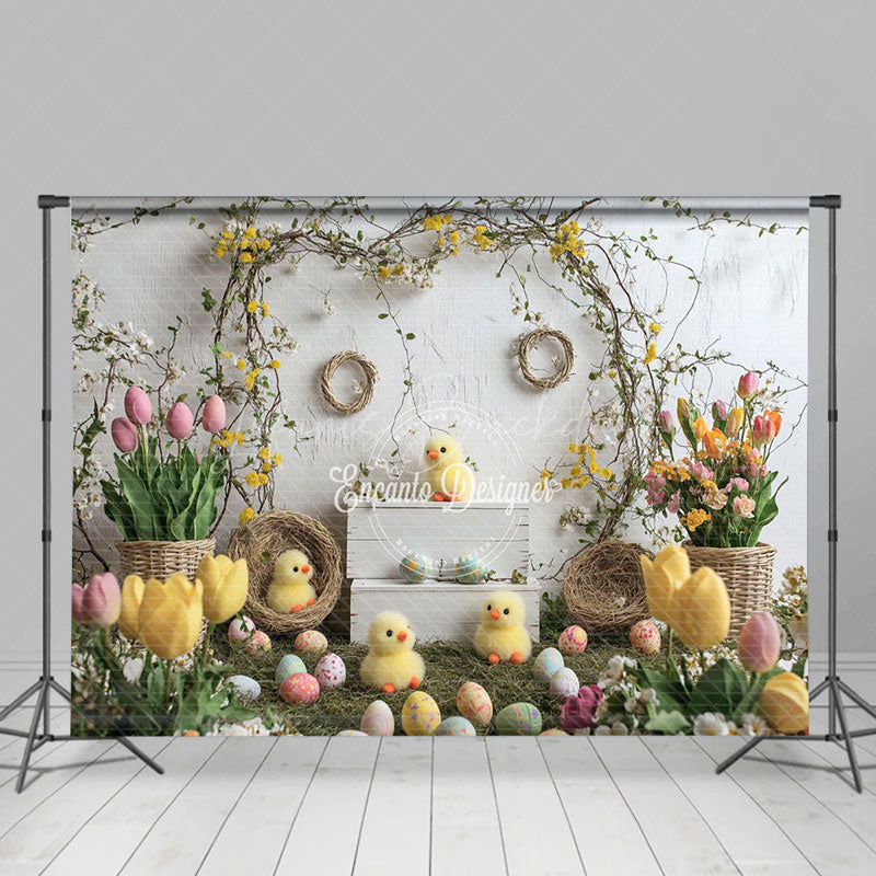 Lofaris Spring Tulips Eggs Chicks Vine Easter Backdrop