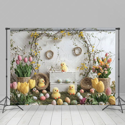 Lofaris Spring Tulips Eggs Chicks Vine Easter Backdrop