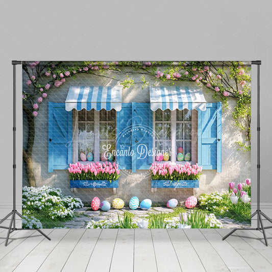 Lofaris Spring Vibe Blue Window Tulip Eggs Easter Backdrop